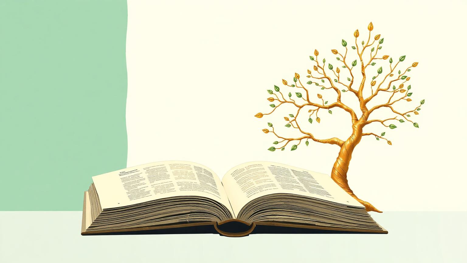 Livre ouvert et arbre généalogique doré sur fond crème