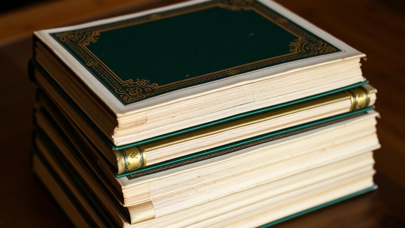 Pile de manuscrits reliés or et émeraude