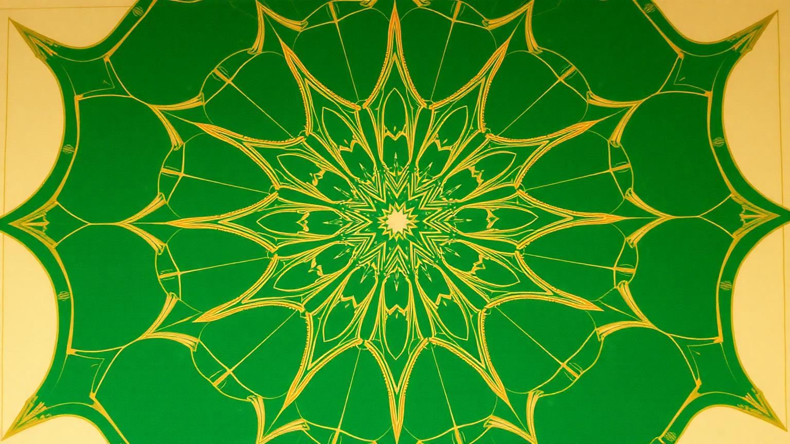 Étoile géométrique islamique dorée à huit branches sur fond émeraude