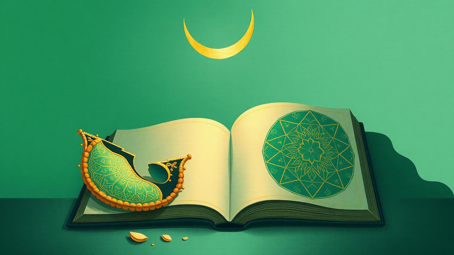 Livre enluminé et amulette brisée sous un croissant doré