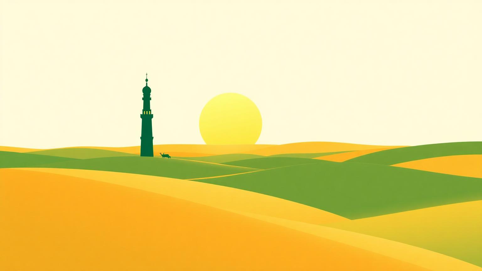 Silhouette de minaret à l'horizon désertique au soleil doré