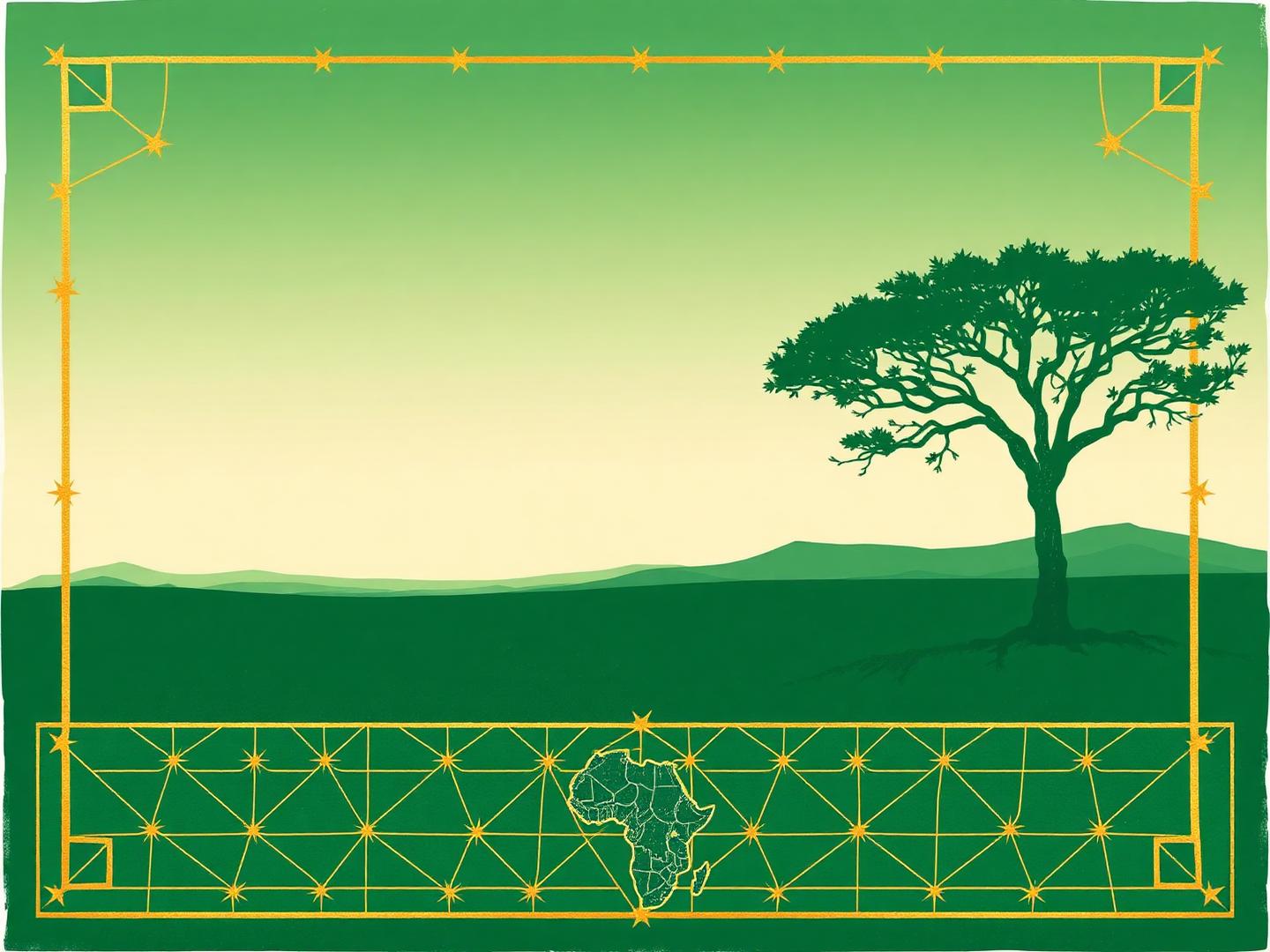 Horizon africain à l'aube avec acacia et bordure géométrique dorée