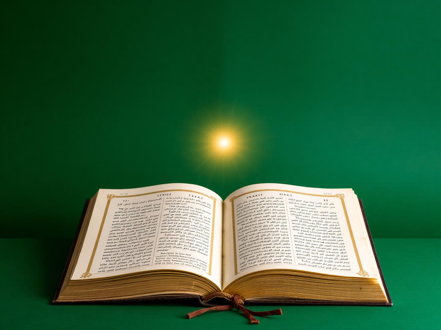 Deux livres ouverts reliés par une arabesque dorée