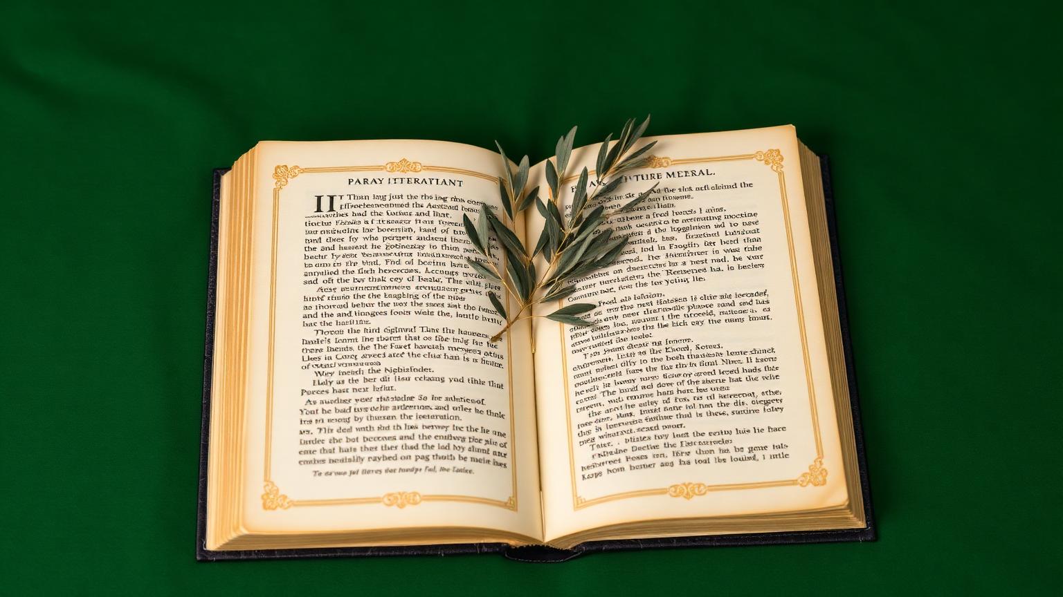 Livre ancien ouvert et branche d'olivier sur fond émeraude