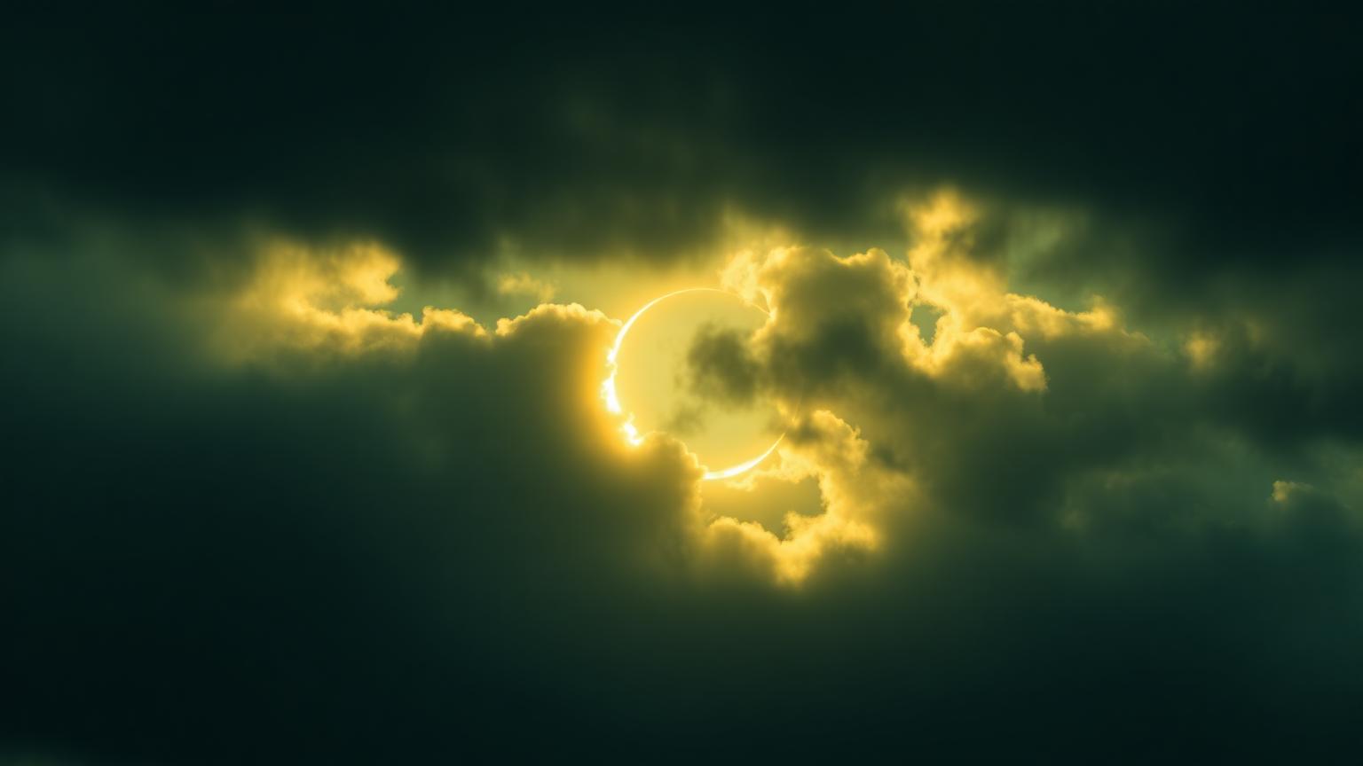 Croissant de lumière dorée traversant des nuages sombres