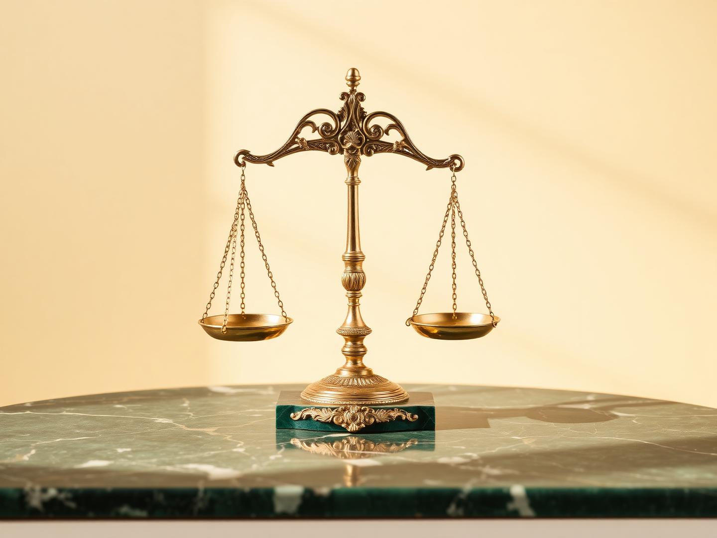 Balance dorée ornée sur marbre émeraude