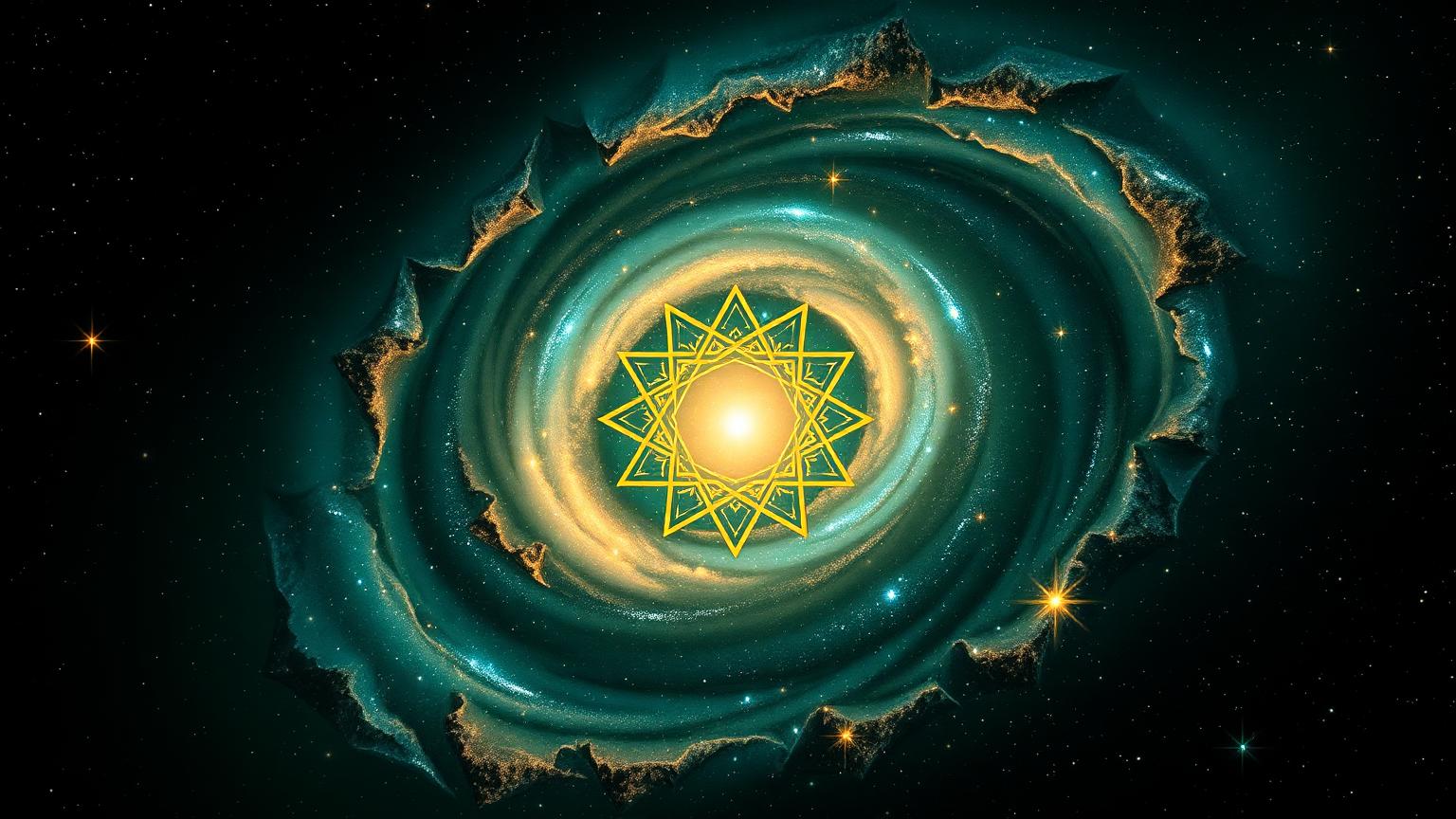 Galaxie spirale traversée d'un motif géométrique doré